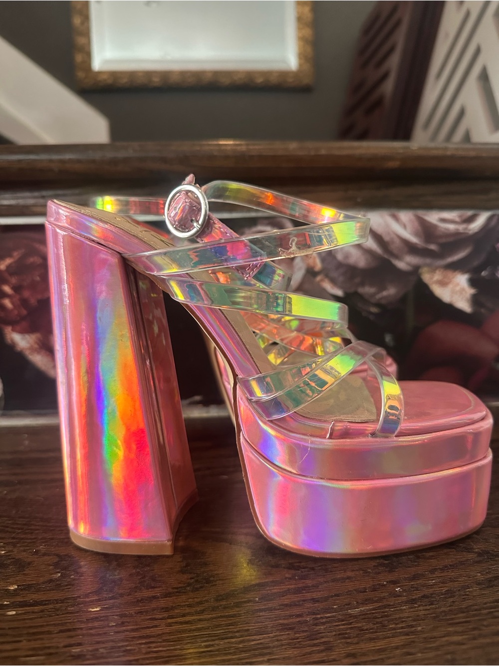 Holographic Pink Platform Block Heel Sandals - Women's Strappy Dress Shoes
